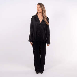 Oversized Satin Pyjamas Black Front