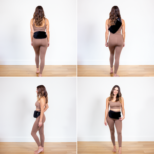 woman showing how you can wear the hottle heat pack